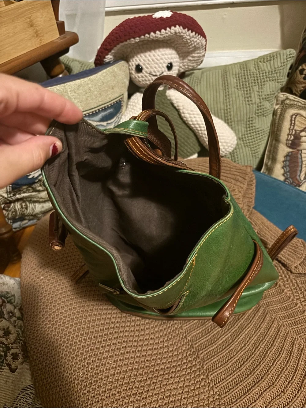 Green Genuine Leather Backpack with Brown Trim